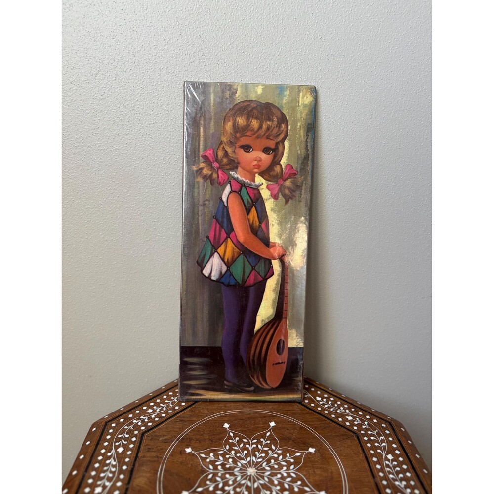 Vintage Eden Moppet Series Lithograph: Big Eye Harlequin Girl, Mandolin Guitar,